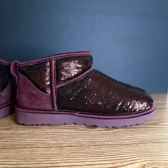 UGG Classic Ultra Mini Mirror Ball Booties Sz 7 Sequin Burgundy Cherry Maroon - Picture 2 of 10